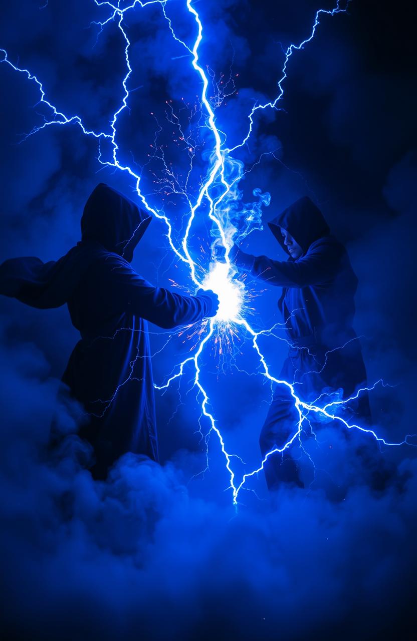 A dramatic scene featuring blue lightning colliding with vibrant blue flames, creating an intense and electrifying atmosphere