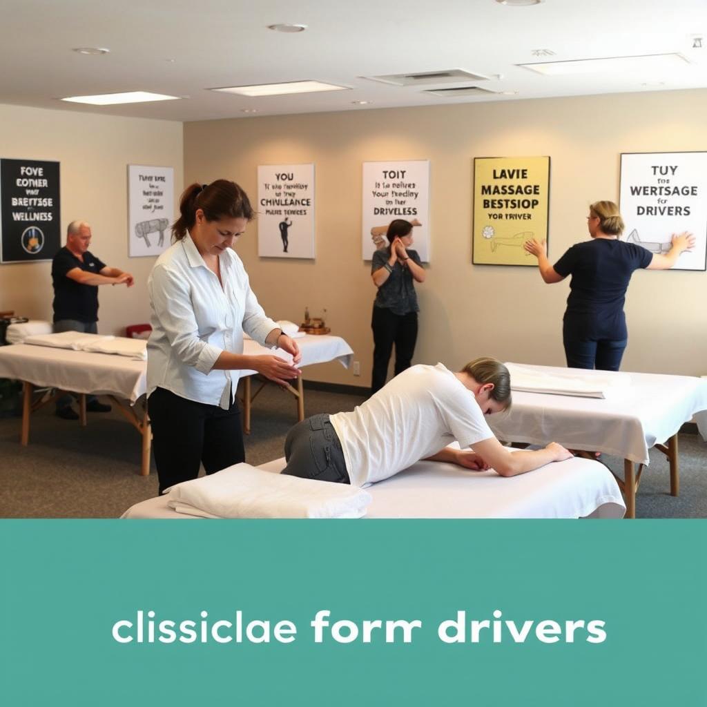 A serene scene depicting a professional massage workshop designed for drivers, featuring a variety of easy massage techniques being demonstrated