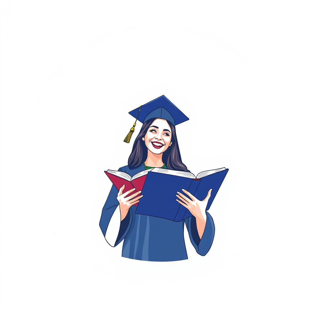 A round profile design for Farhangian University featuring a female student celebrating her graduation, holding an open book and wearing a graduation cap