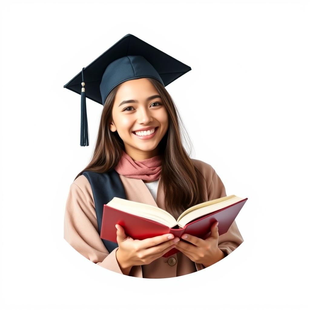 A round profile design for Farhangian University featuring a female student happily holding an open book and wearing a graduation cap