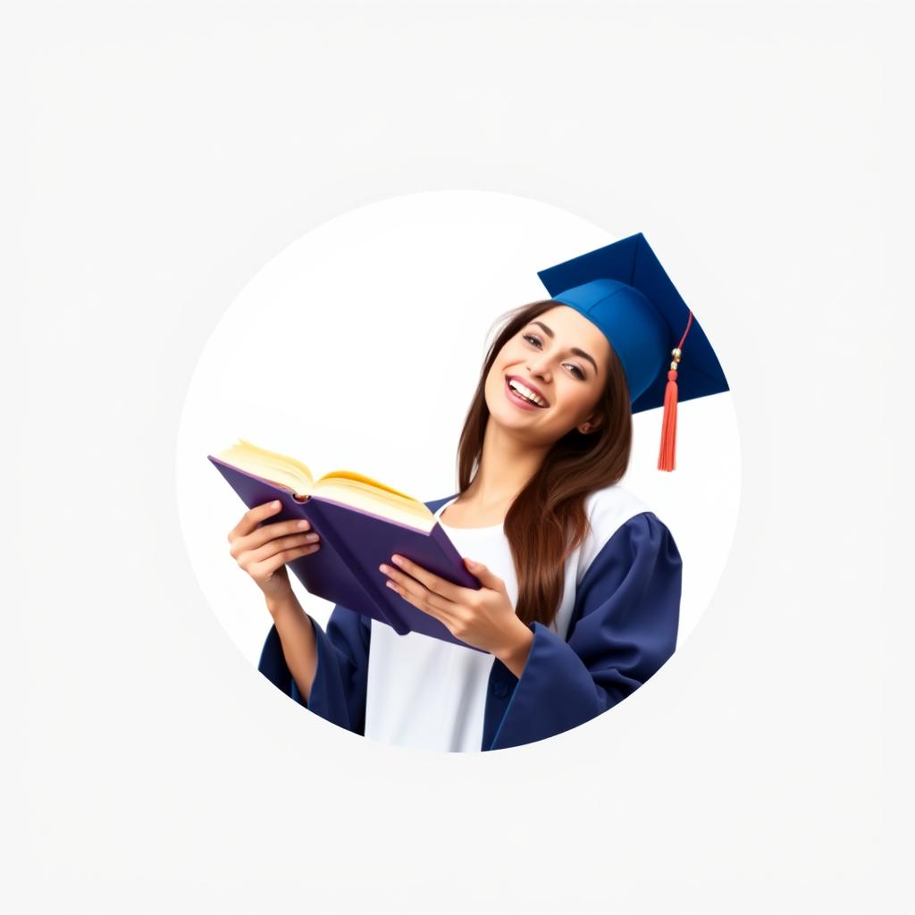 A circular profile design for Farhangian University featuring a female student joyfully holding an open book while wearing a graduation cap