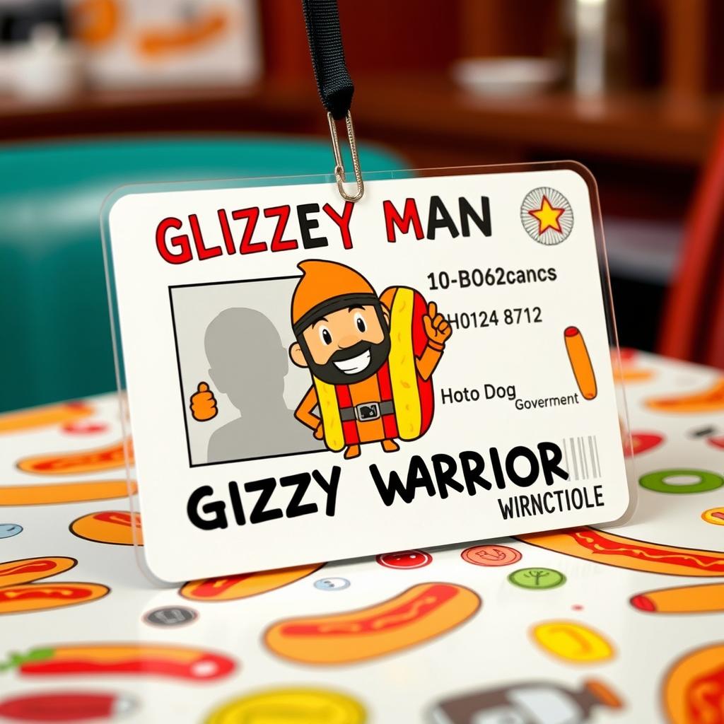 A creatively designed government-issued ID card featuring 'Glizzy Man', prominently displaying his title as 'Glizzy Warrior'