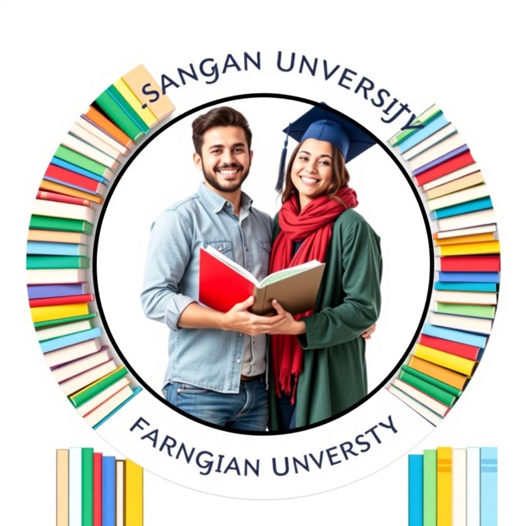 A circular profile design for Farhangian University featuring a joyful male and female student standing side by side, surrounded by a variety of colorful books