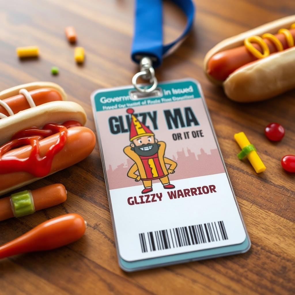 A creatively designed government-issued ID card featuring 'Glizzy Man', labeled boldly as 'Glizzy Warrior'