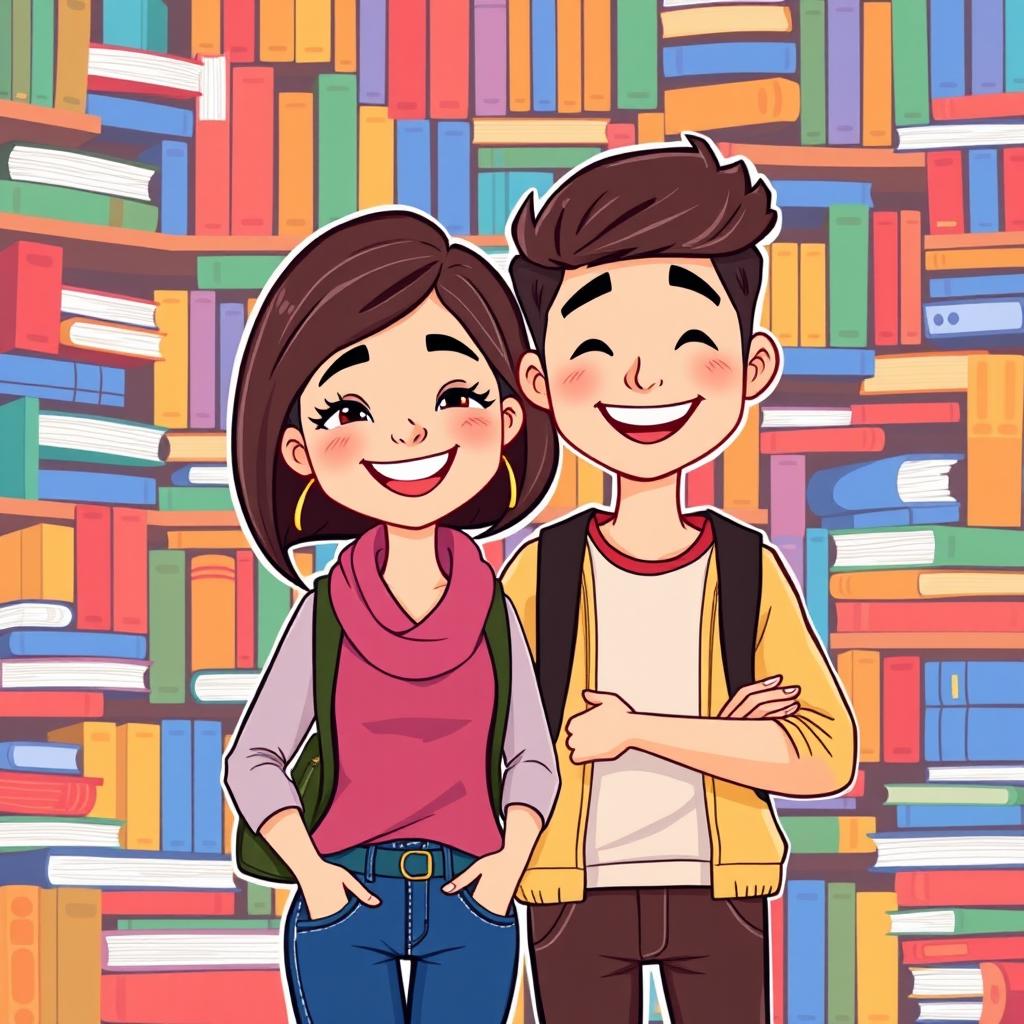 A cartoon-style illustration featuring a female and male student standing side by side, both smiling joyfully