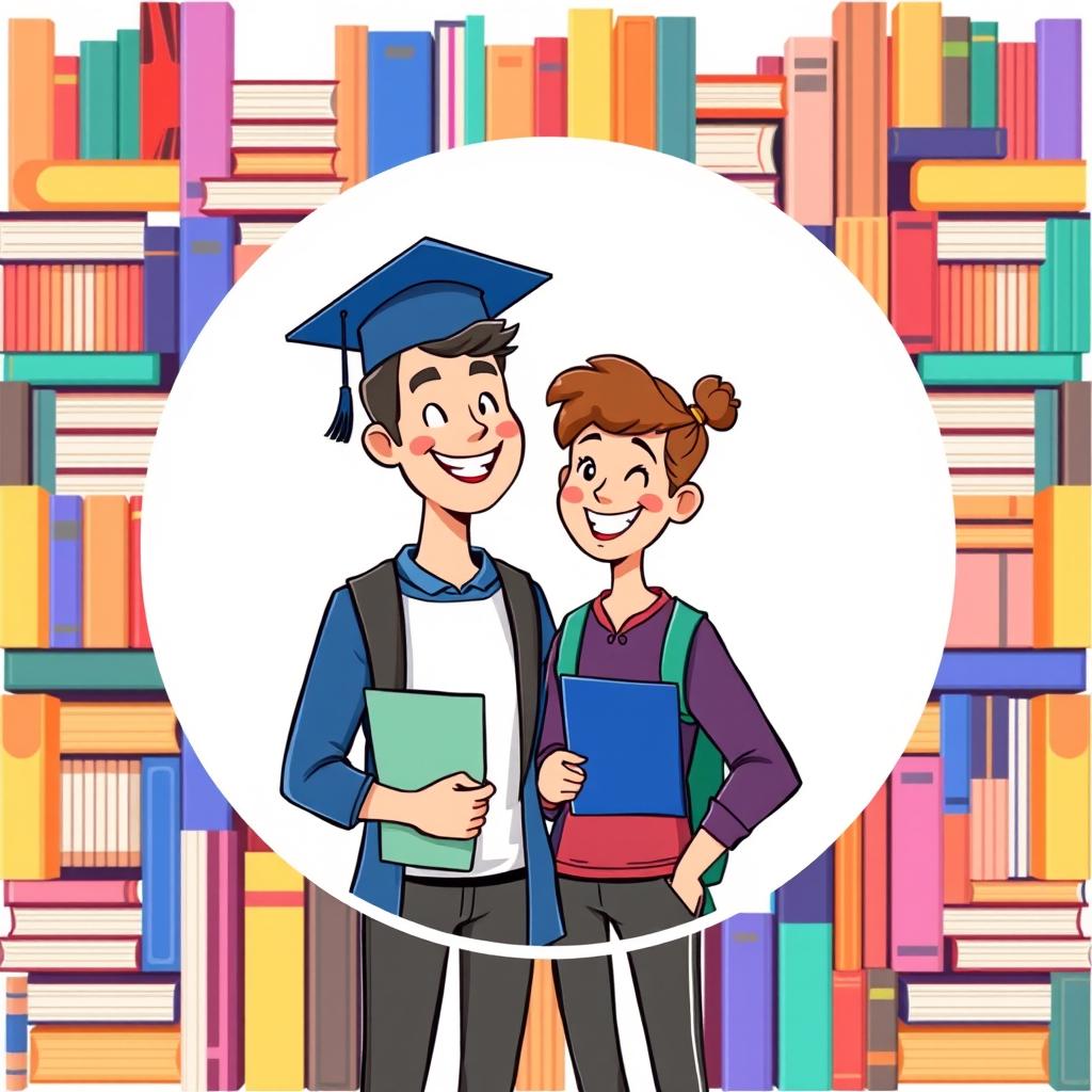 A circular profile design featuring a male and female student standing side by side, both smiling happily