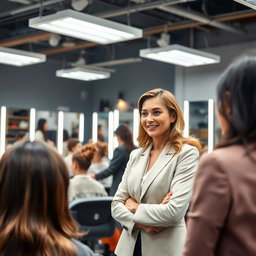 A skilled and confident woman overseeing a beauty training institute, engaged in a discussion with students, demonstrating hairstyling techniques