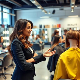 A skilled and confident woman overseeing a beauty training institute, engaged in a discussion with students, demonstrating hairstyling techniques