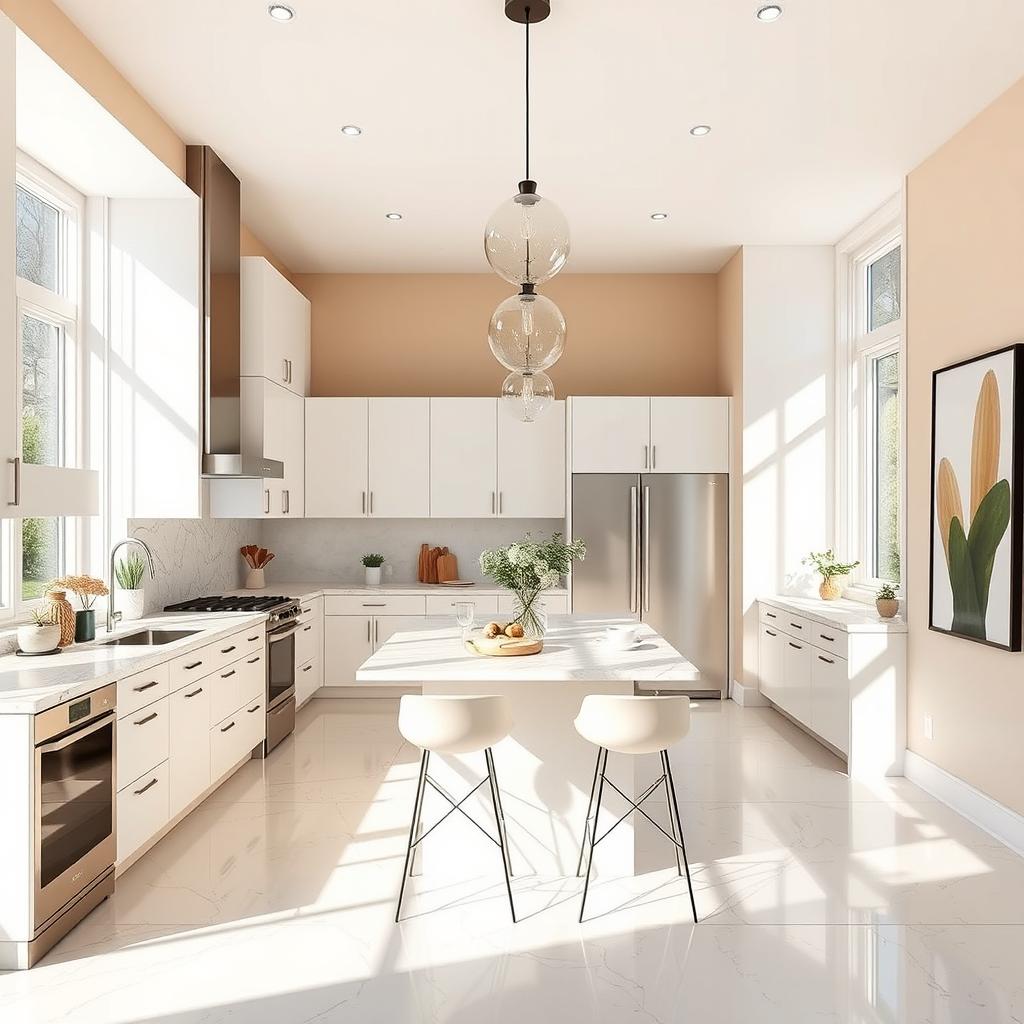 A beautifully decorated modern kitchen featuring sleek cabinetry, an island with bar stools, bright and airy space with large windows allowing natural light to flood in, marble countertops, stainless steel appliances, and elegant pendant lighting