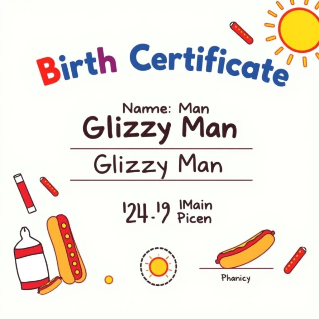 A whimsical birth certificate for 'Glizzy Man', featuring a playful design that incorporates hot dog imagery