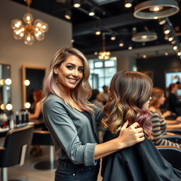 A successful female hairstylist confidently working in a chic salon, showcasing her talent with vibrant hair colors and trendy hairstyles
