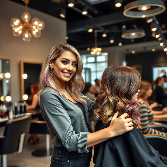 A successful female hairstylist confidently working in a chic salon, showcasing her talent with vibrant hair colors and trendy hairstyles
