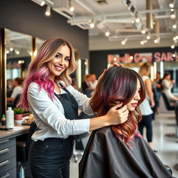A successful female hairstylist confidently working in a chic salon, showcasing her talent with vibrant hair colors and trendy hairstyles