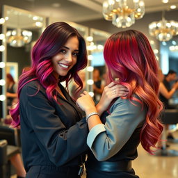 A successful female hairstylist confidently working in a chic salon, showcasing her talent with vibrant hair colors and trendy hairstyles