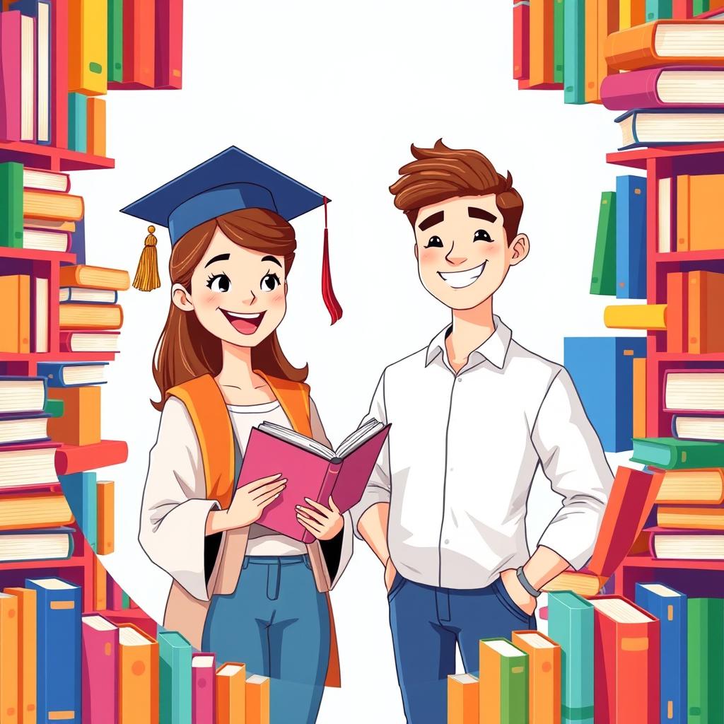 An engaging animated illustration featuring a cheerful female and male student standing side by side, both exuding a sense of academic enthusiasm