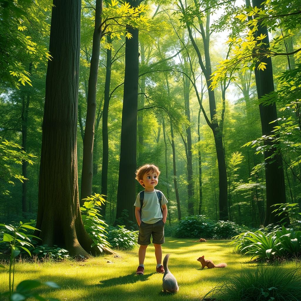 A solitary boy standing in a lush, green forest, surrounded by tall trees and vibrant foliage