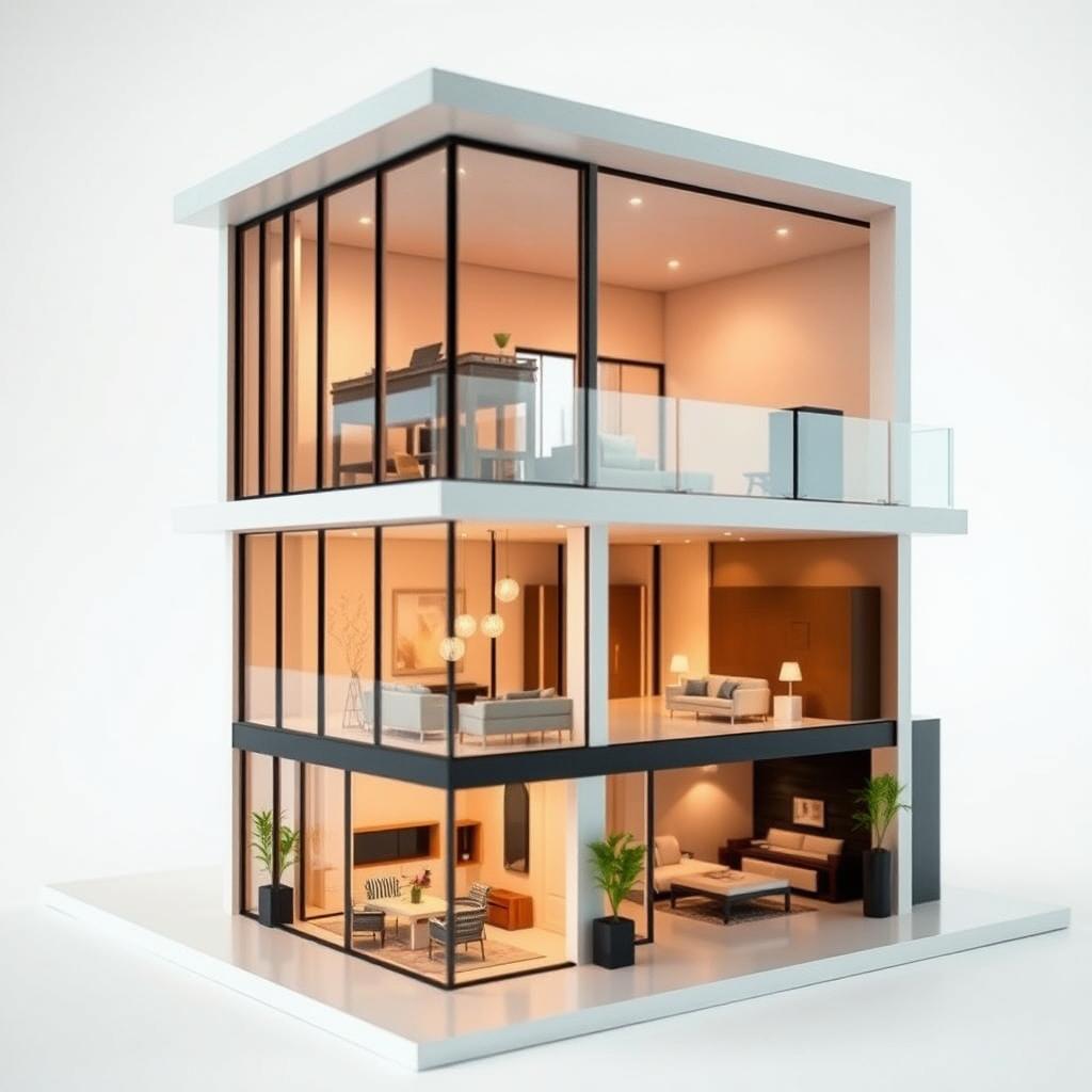 An architectural model showcasing a beautifully designed first floor of a building, duplicated two times above in a coherent and realistic manner