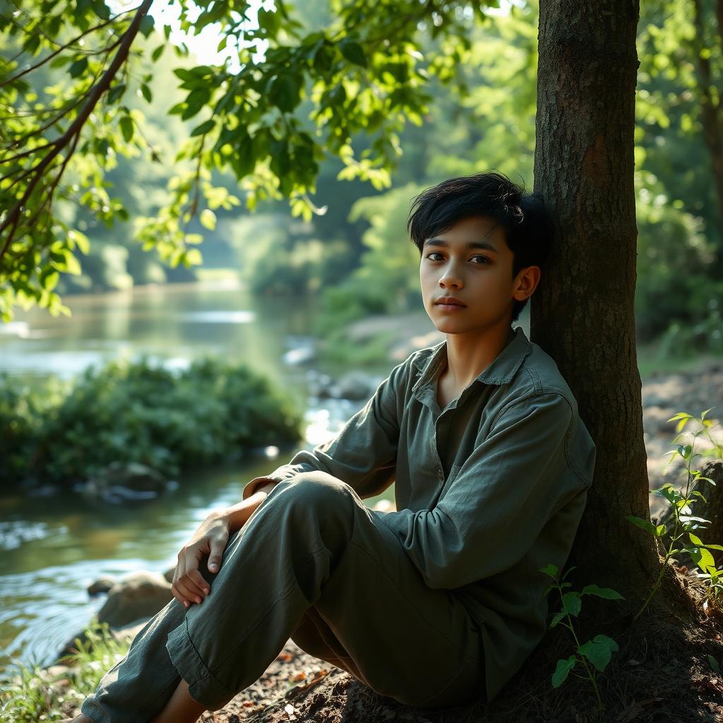 A 16-year-old boy sitting casually in a remote location, leaning against a tree next to a serene river
