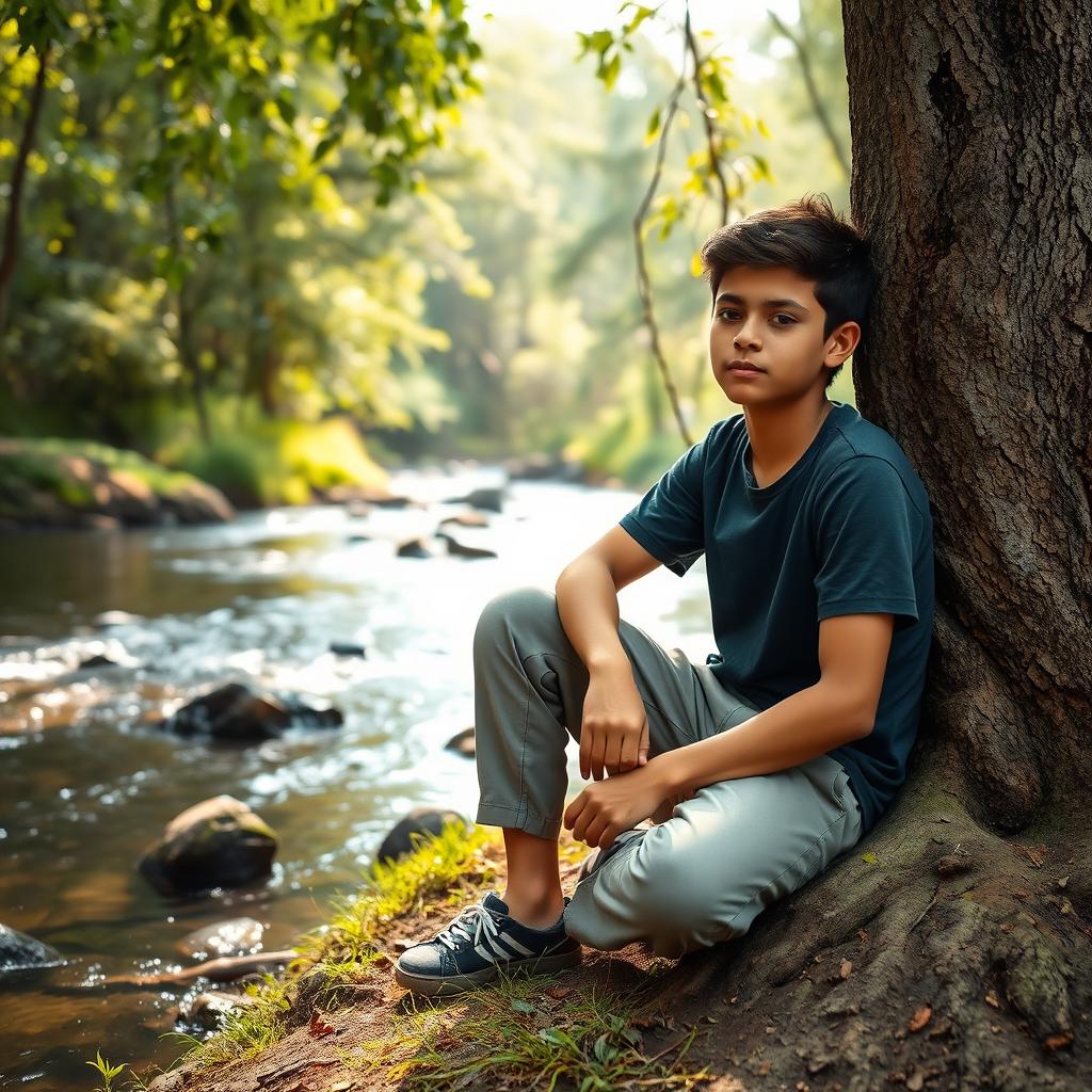 A 16-year-old boy sitting in a remote, tranquil place, leaning against a tree beside a river