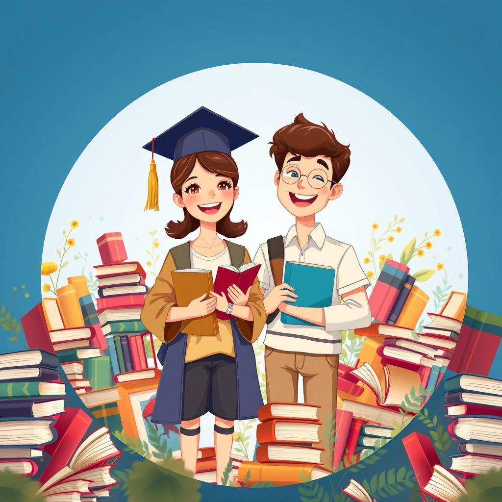 A captivating and enchanting animated illustration for a circular Telegram group profile picture featuring a happy male and female student standing side by side