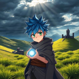 An anime boy in a remote, desolate landscape