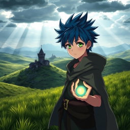 An anime boy in a remote, desolate landscape
