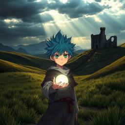 An anime boy in a remote, desolate landscape