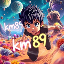 An anime boy with striking features, engaged in an exciting chase on a vibrant alien planet