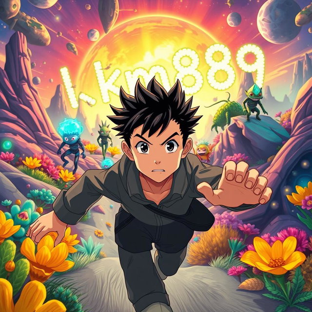 An anime boy with striking features, engaged in an exciting chase on a vibrant alien planet
