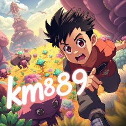 An anime boy with striking features, engaged in an exciting chase on a vibrant alien planet