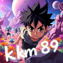An anime boy with striking features, engaged in an exciting chase on a vibrant alien planet