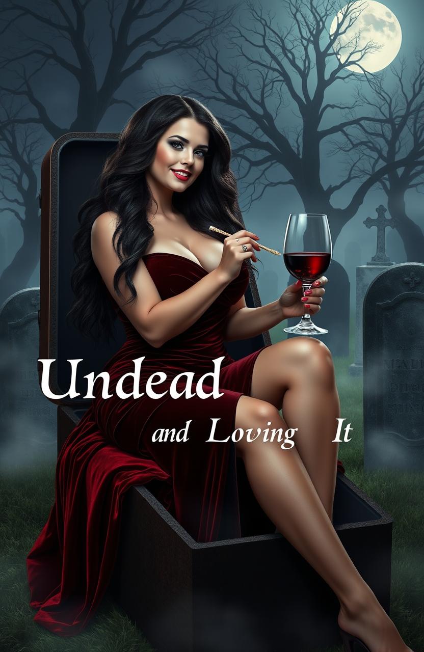 A curvy female vampire sitting elegantly in a vintage coffin, surrounded by a misty graveyard at night