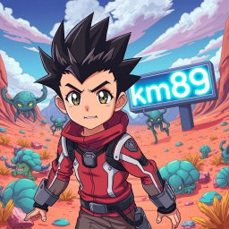 An anime-style boy with spiky hair, wearing a futuristic outfit, on an alien planet