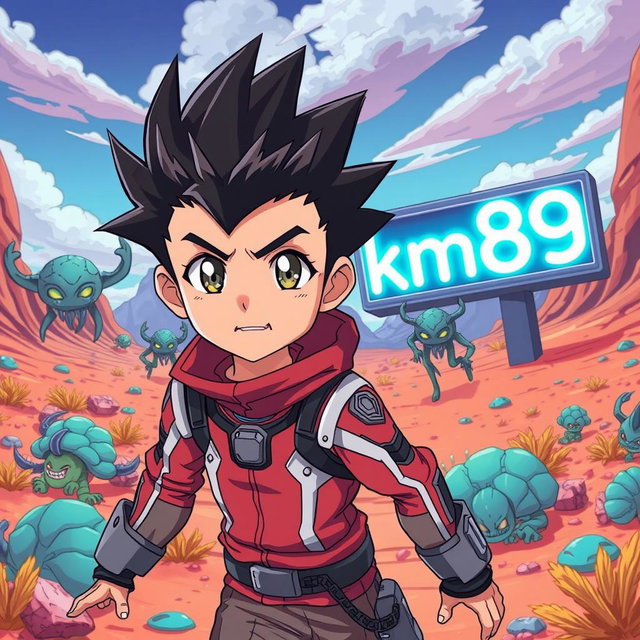 An anime-style boy with spiky hair, wearing a futuristic outfit, on an alien planet