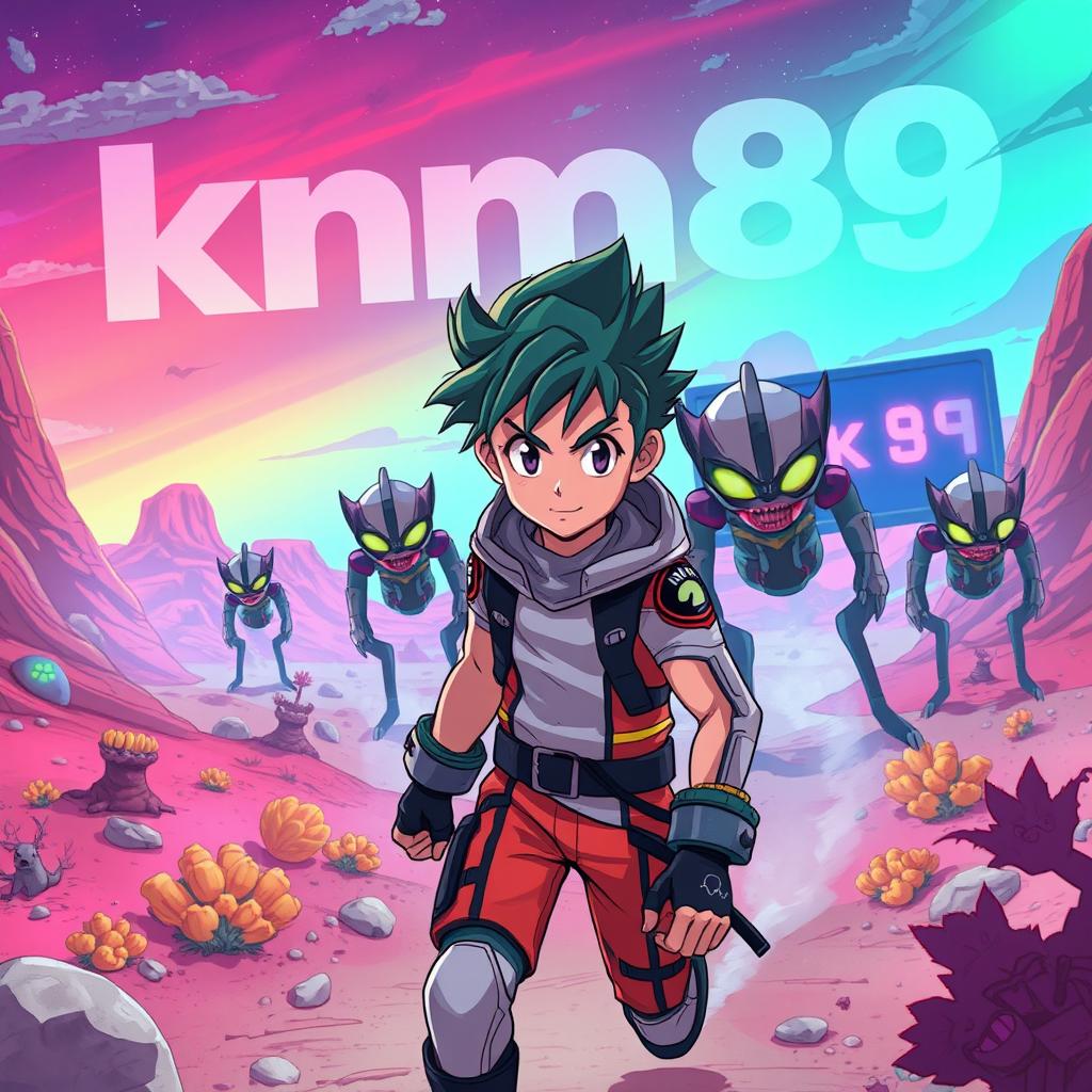 An anime-style boy with spiky hair, wearing a futuristic outfit, on an alien planet