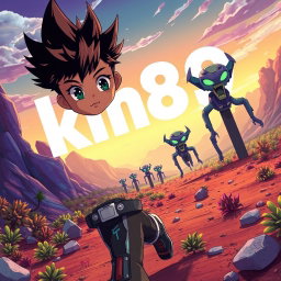 An anime-style boy with spiky hair, wearing a futuristic outfit, on an alien planet