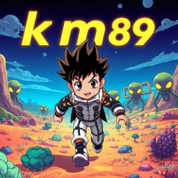 An anime-style boy with spiky hair, wearing a futuristic outfit, on an alien planet