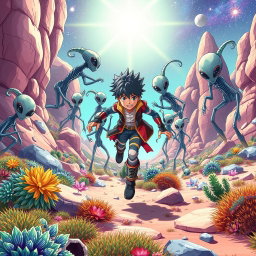 An anime boy on an alien planet, surrounded by menacing aliens chasing after him