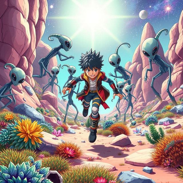 An anime boy on an alien planet, surrounded by menacing aliens chasing after him