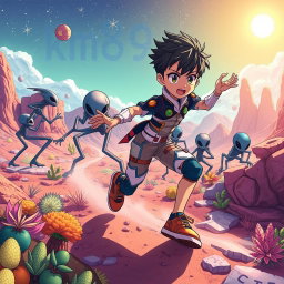 An anime boy on an alien planet, surrounded by menacing aliens chasing after him