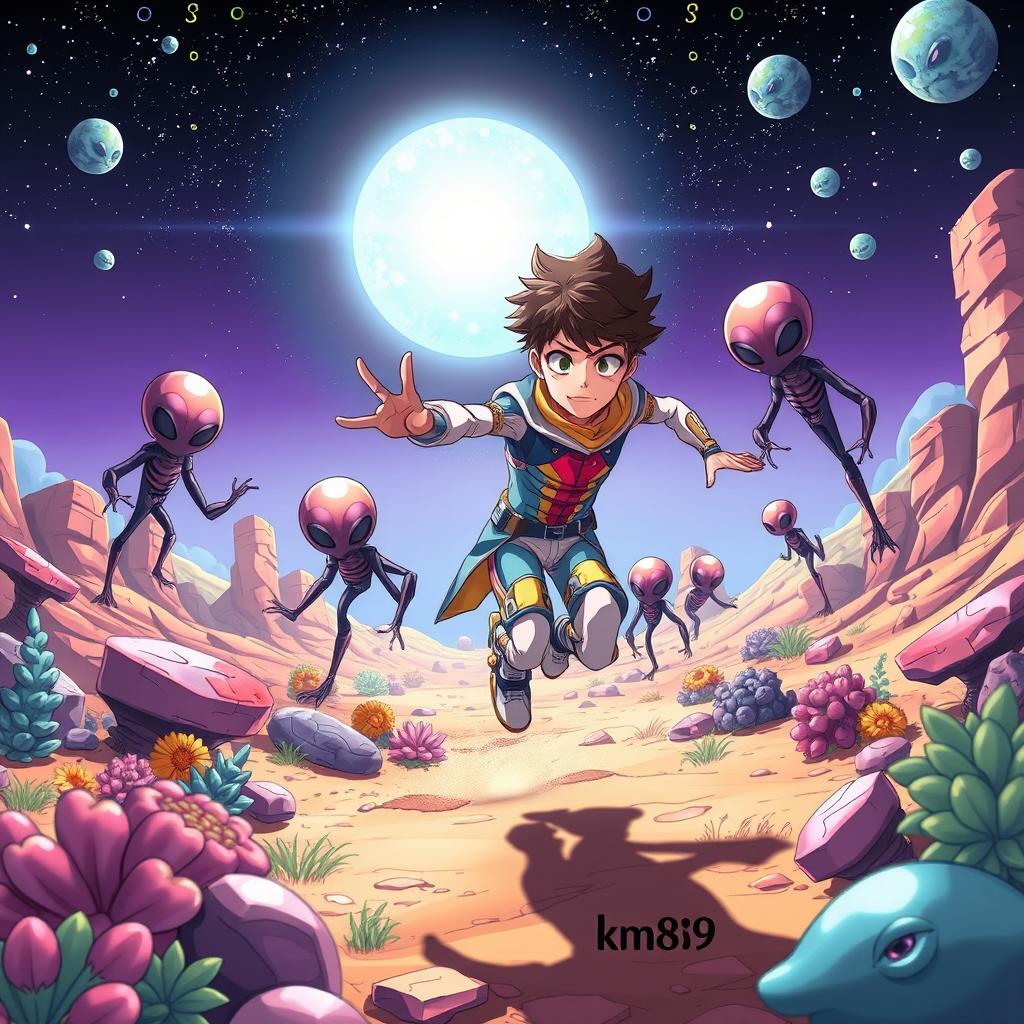 An anime boy on an alien planet, surrounded by menacing aliens chasing after him