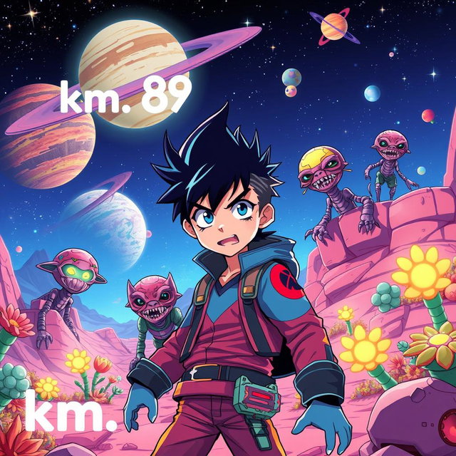 An anime boy on an alien planet, featuring vibrant colors and futuristic scenery