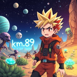 An anime boy on an alien planet, featuring vibrant colors and futuristic scenery