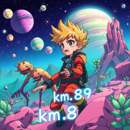 An anime boy on an alien planet, featuring vibrant colors and futuristic scenery