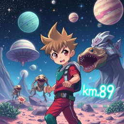 An anime boy on an alien planet, featuring vibrant colors and futuristic scenery