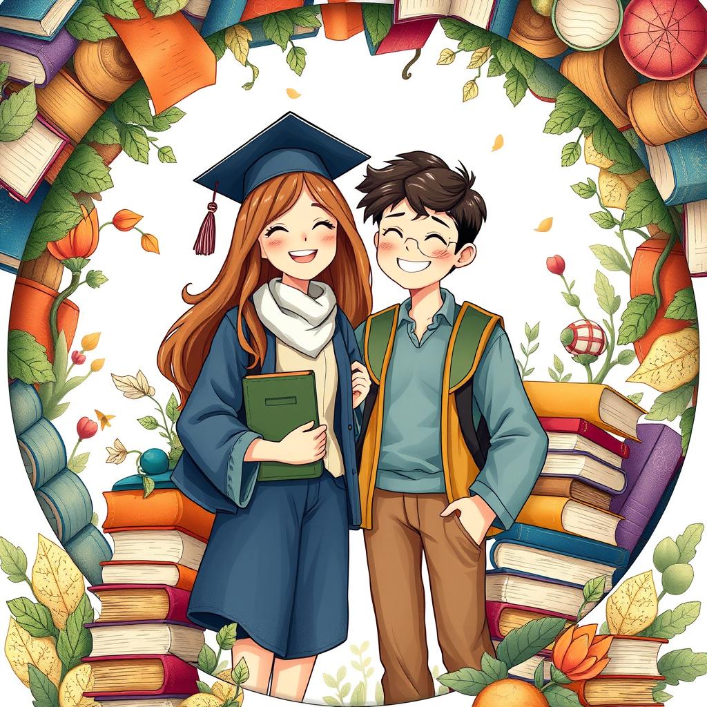 A captivating and whimsical illustration for a circular Telegram group profile picture, showing a joyful female and male student standing side by side