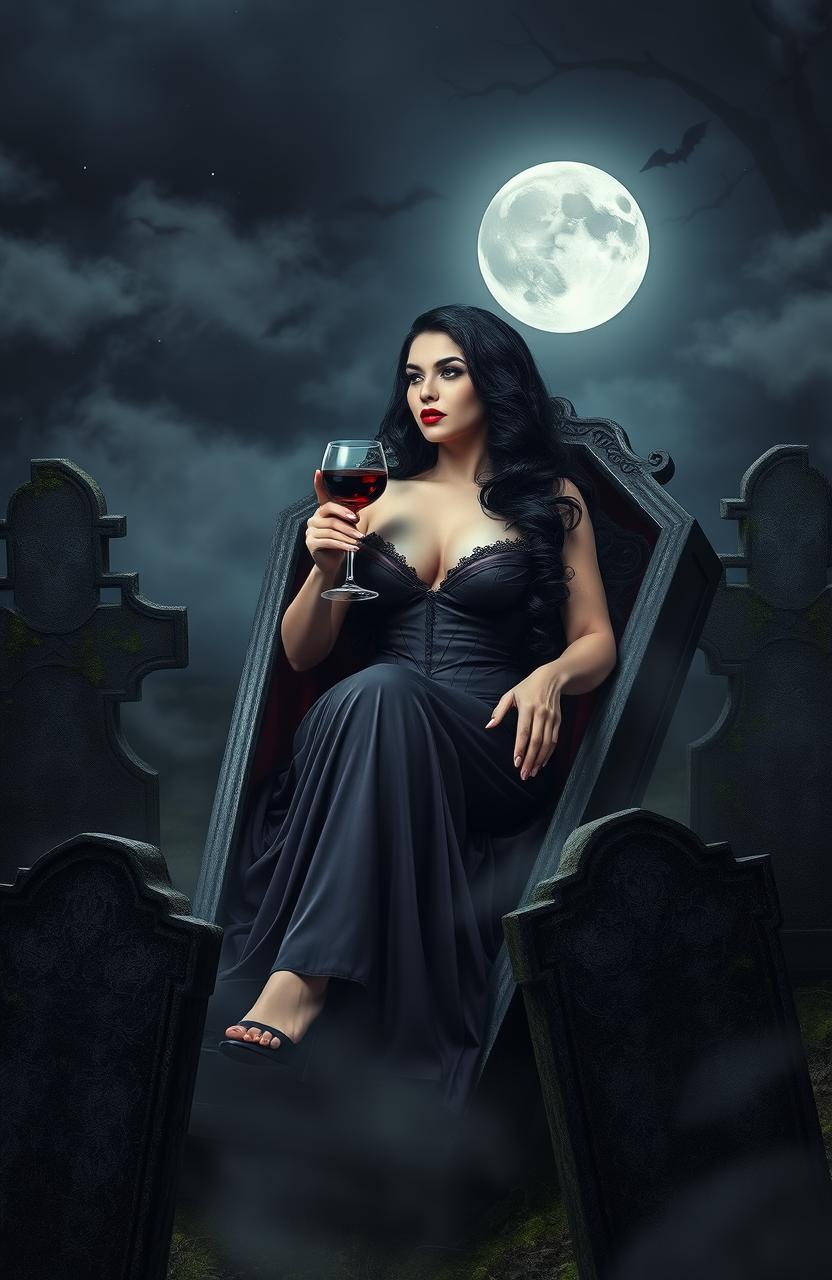 A curvy female vampire sitting elegantly in an ornate coffin within a dark and mysterious graveyard