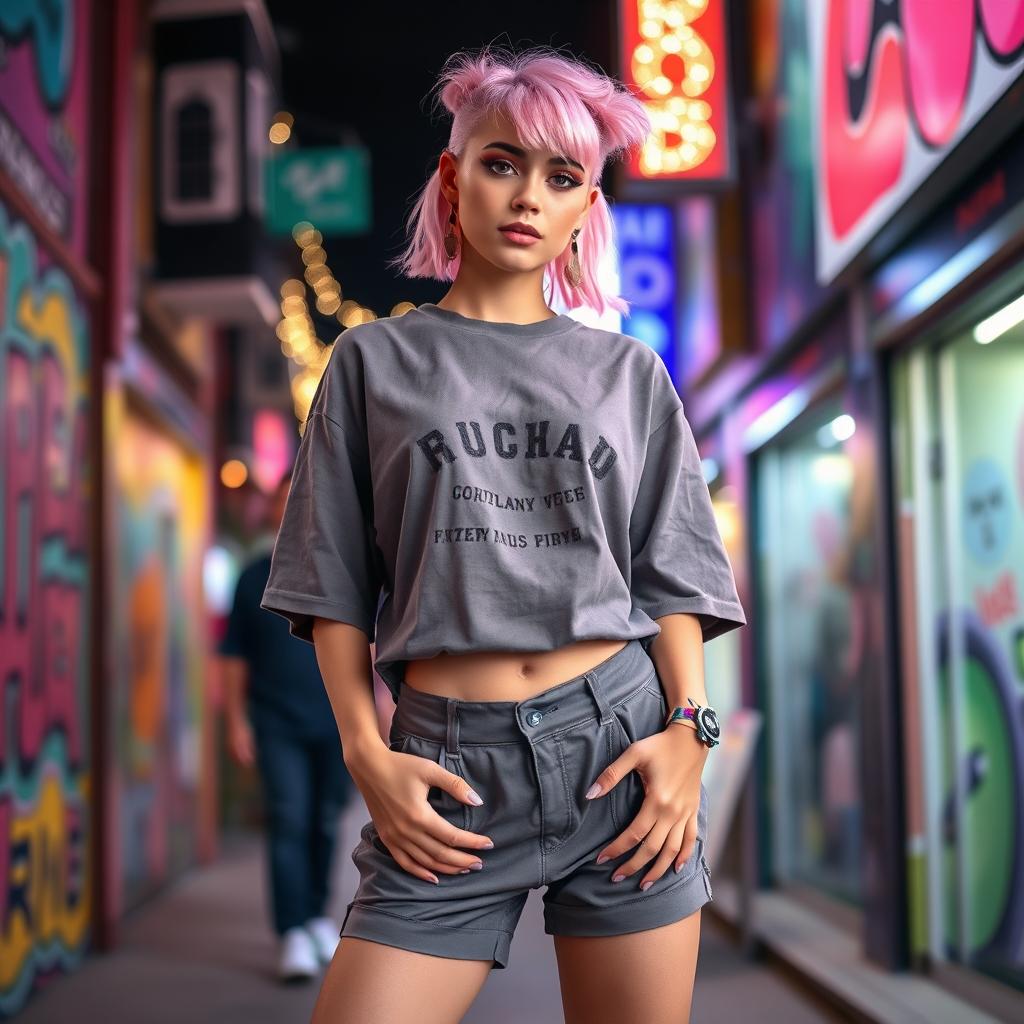 A stylish femboy posing confidently in a vibrant urban setting, showcasing a unique blend of masculinity and femininity