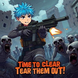 An anime-style boy with vibrant blue hair, dressed in a tactical outfit, skillfully shooting zombies with his gun in a post-apocalyptic setting