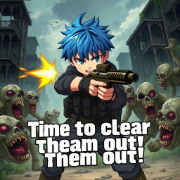 An anime-style boy with vibrant blue hair, dressed in a tactical outfit, skillfully shooting zombies with his gun in a post-apocalyptic setting